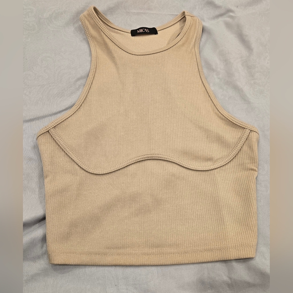 MICAS Tan Asymmetrical Fitted Crop Tank